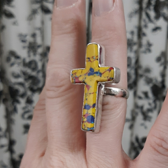 New Mosaic Balloon Jasper 925 Silver Cross Ring. - Picture 5 of 8